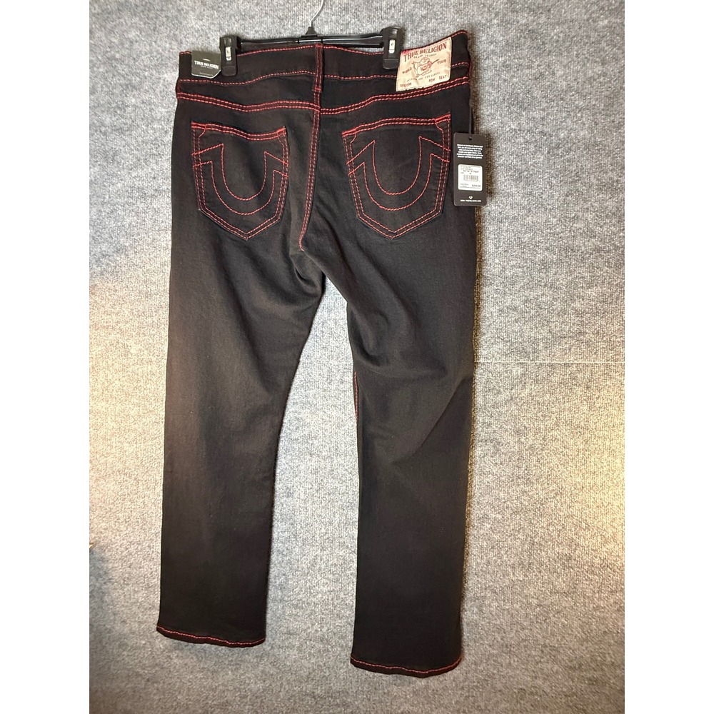 True Religion Ricky Big T Relaxed Straight Jeans Rinse Black Red Stitch‎ Mens 36